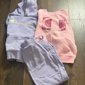 Champion Kids Matching Set in Pink and Purple. Hoodie, sweatshirt & joggers.
